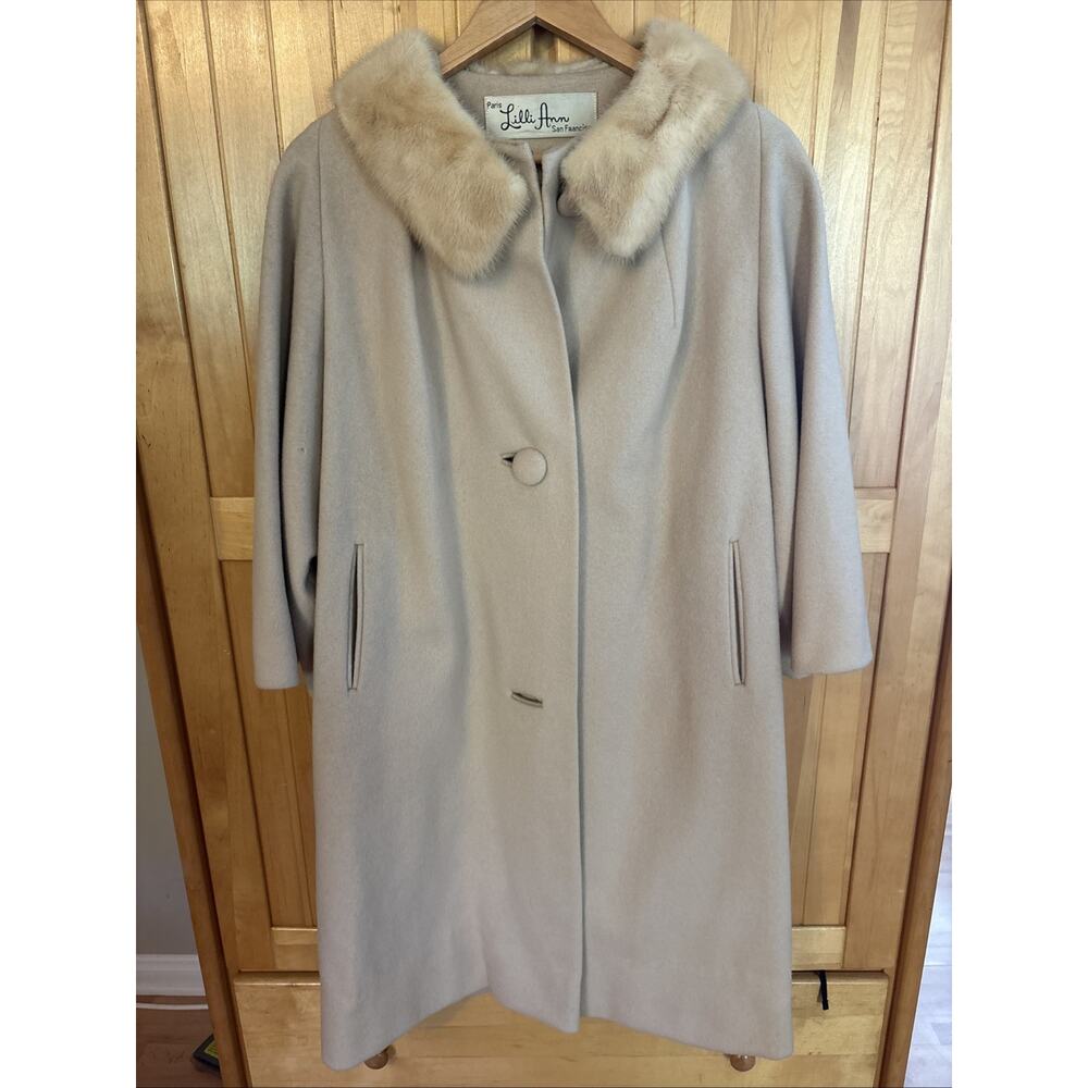 Vtg 1950s Lilli Ann San Francisco Wool Swing Coat Real Mink Fur Collar Cream M